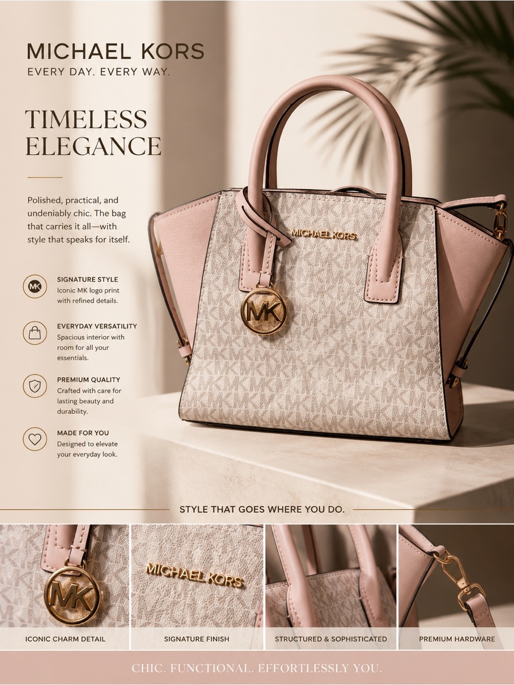 Michael Kors Pink and Beige Signature Logo Satchel